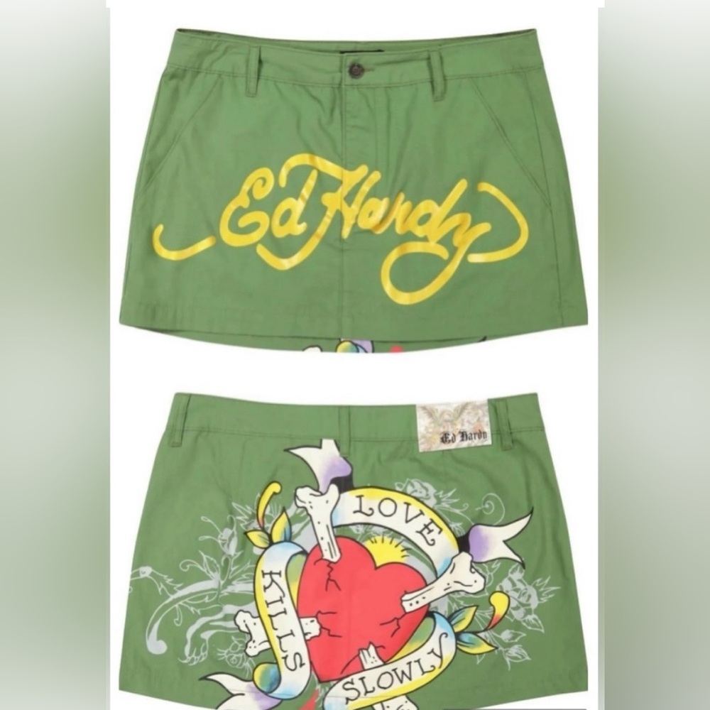 ED HARDY LKS ❤️ Mini Skirt Olive Green Cotton Gold”” LOVE KILLS SLOWLY Graphic M